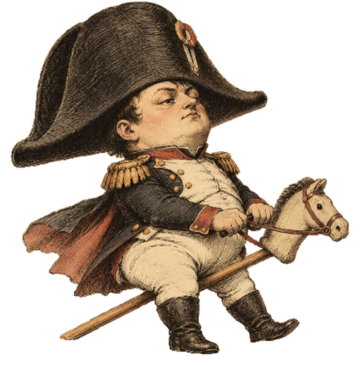 Larpoleon riding his wooden horse, cape flying