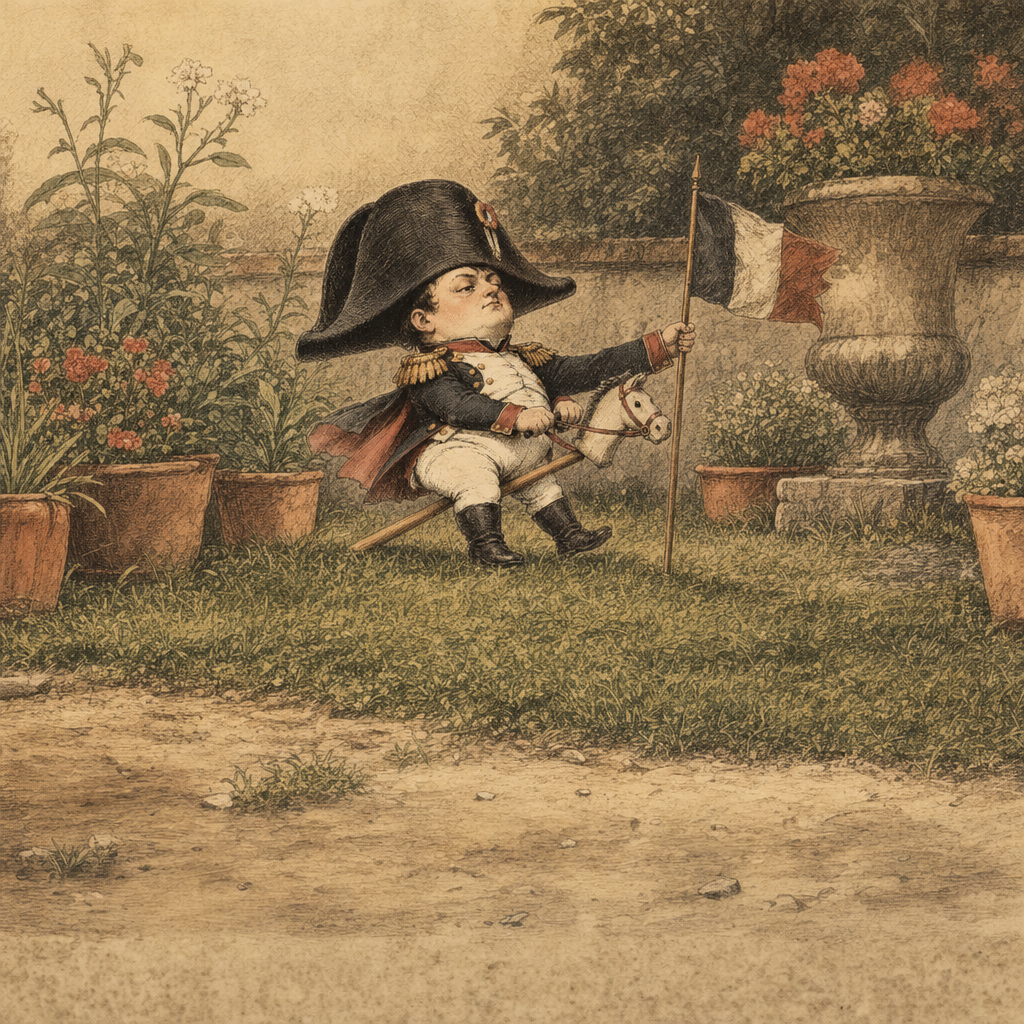 Larpoleon on his stick horse holding a flag on a small lawn among terracotta flowerpots and a stone urn